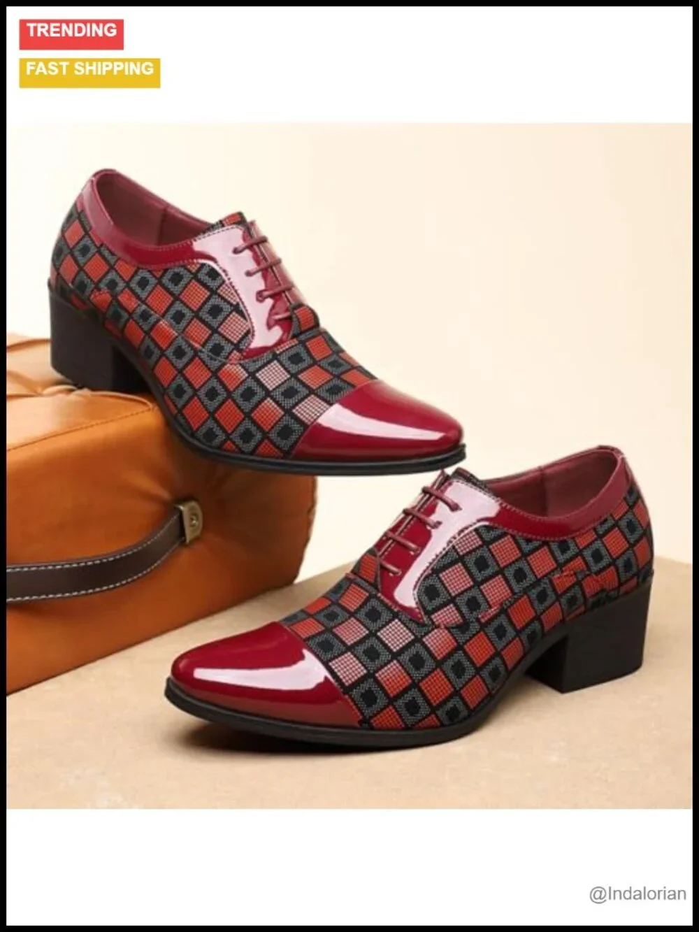 Men's Patterned Patent Leather Chunky Heel Lace-Up Oxford Dress Shoes